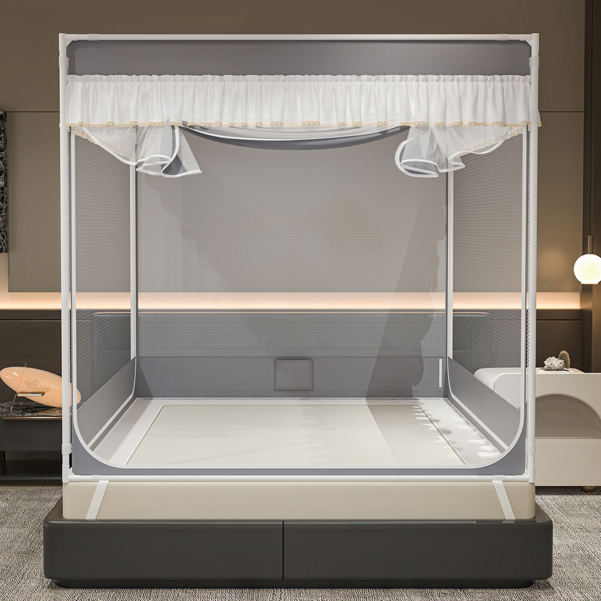 91家纺网 家纺一手货源 找家纺 千逸虹 2026新款外穿U型三开门坐床蚊帐 灰