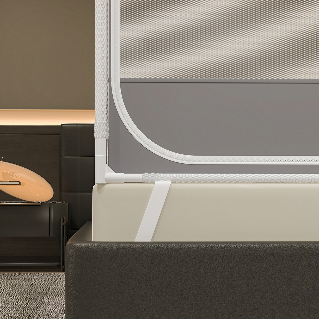 91家纺网 家纺一手货源 找家纺 千逸虹 2026新款外穿U型三开门坐床蚊帐 灰