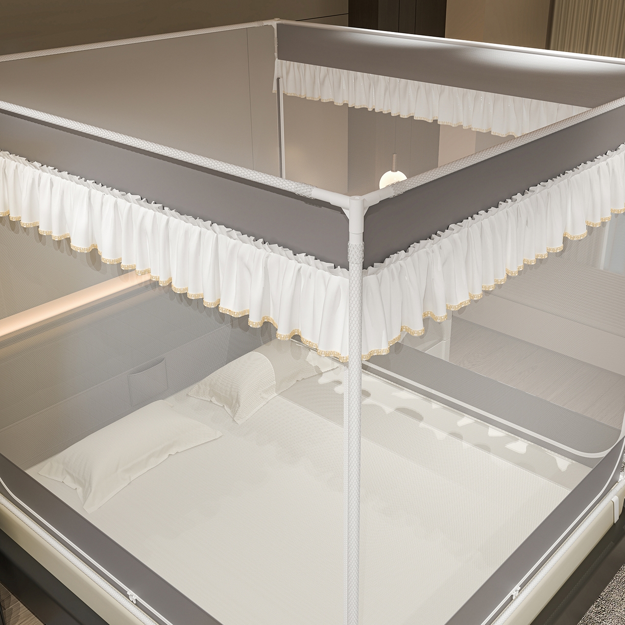 91家纺网 家纺一手货源 找家纺 千逸虹 2026新款外穿U型三开门坐床蚊帐 灰