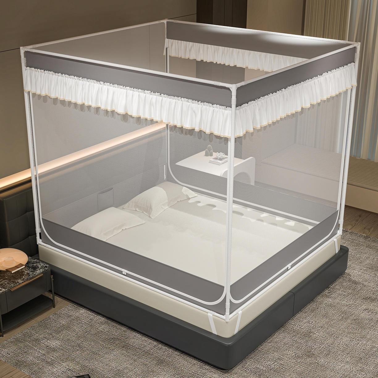 91家纺网 家纺一手货源 找家纺 千逸虹 2026新款外穿U型三开门坐床蚊帐 灰