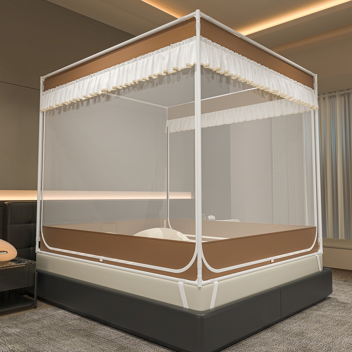 91家纺网 家纺一手货源 找家纺 千逸虹 2026新款外穿U型三开门坐床蚊帐 咖