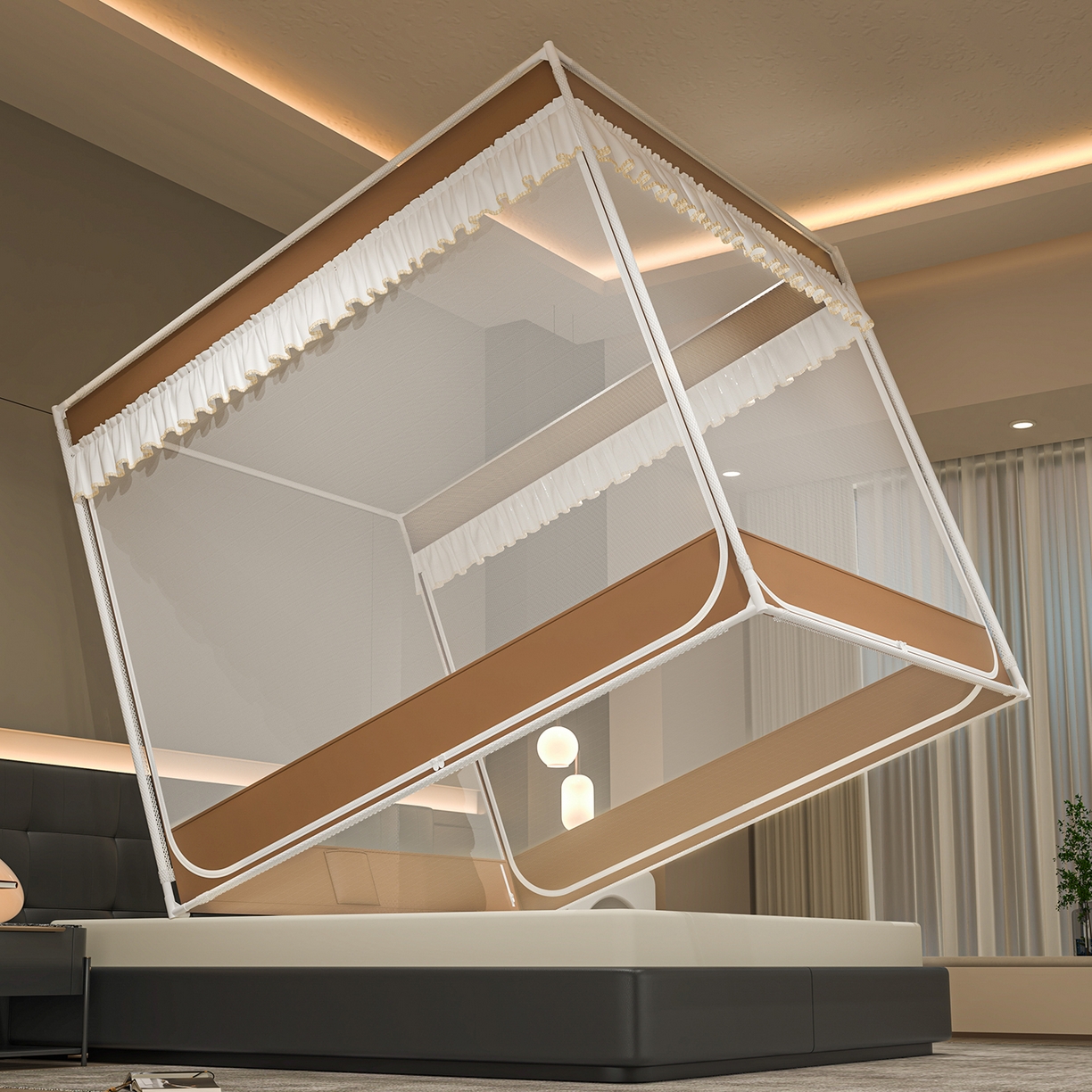 91家纺网 家纺一手货源 找家纺 千逸虹 2026新款外穿U型三开门坐床蚊帐 咖