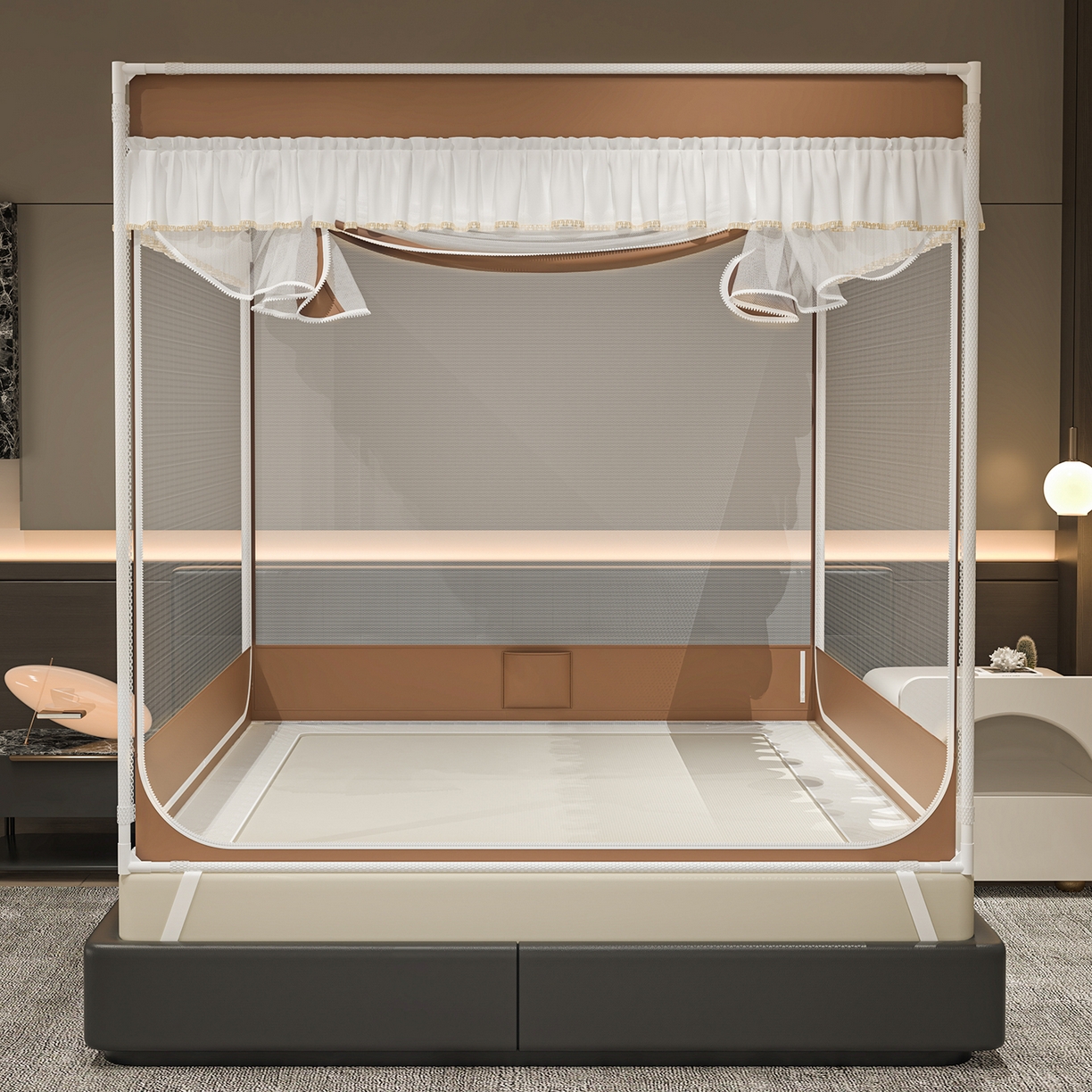 91家纺网 家纺一手货源 找家纺 千逸虹 2026新款外穿U型三开门坐床蚊帐 咖