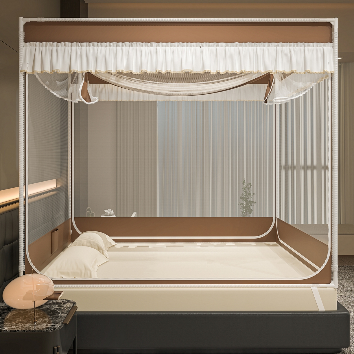 91家纺网 家纺一手货源 找家纺 千逸虹 2026新款外穿U型三开门坐床蚊帐 咖