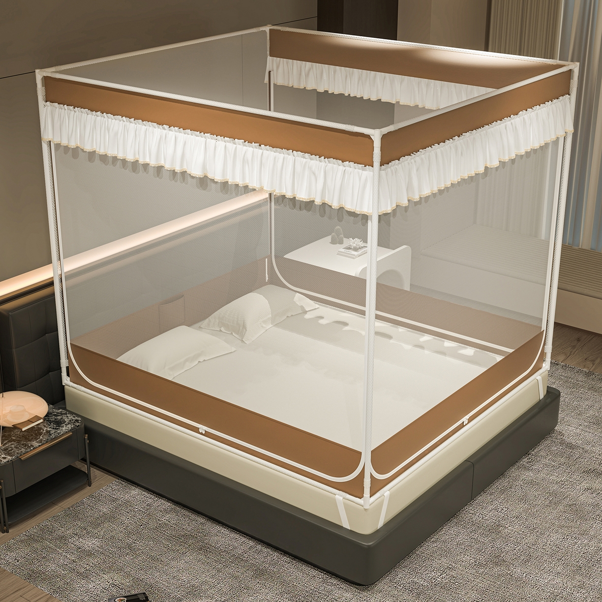 91家纺网 家纺一手货源 找家纺 千逸虹 2026新款外穿U型三开门坐床蚊帐 咖