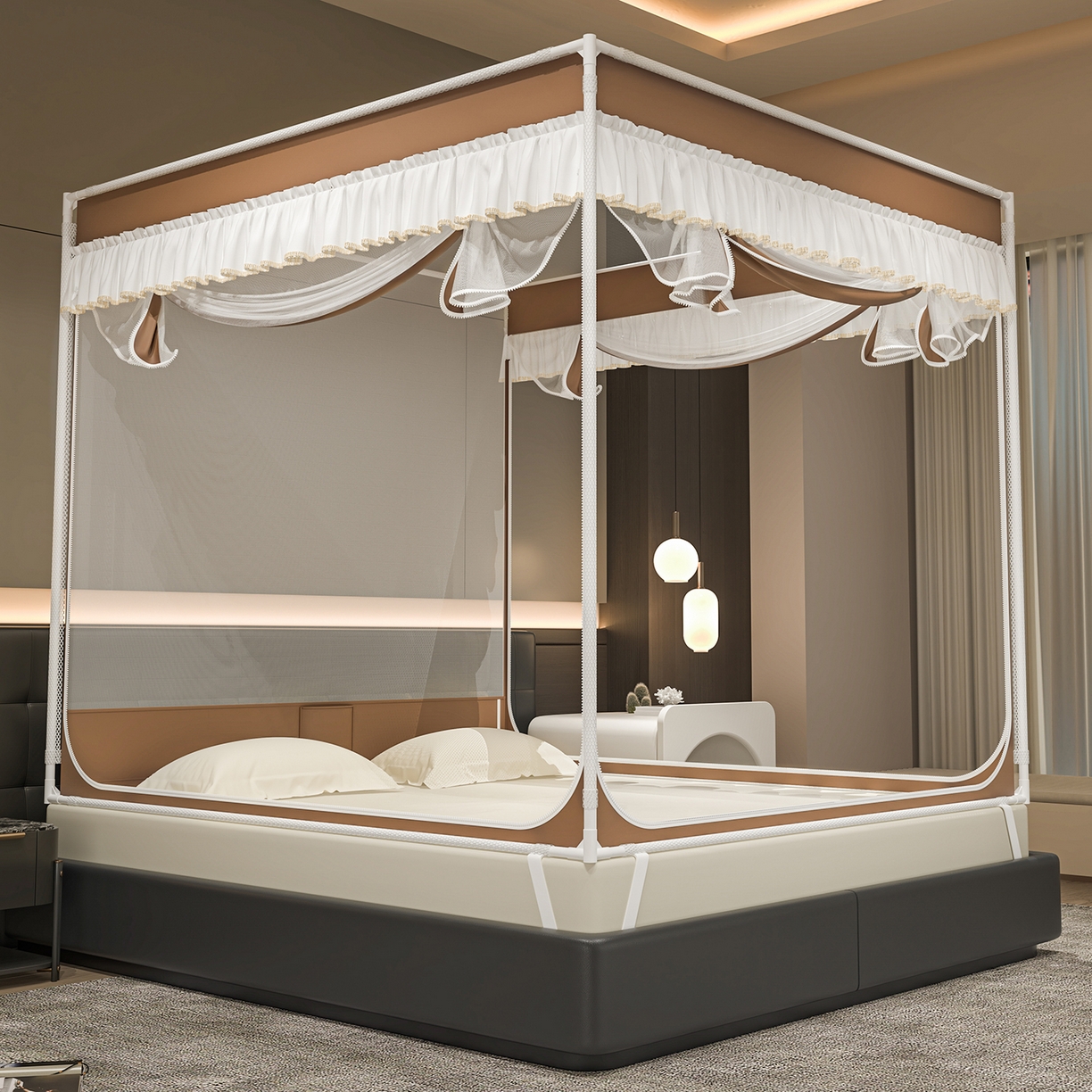 91家纺网 家纺一手货源 找家纺 千逸虹 2026新款外穿U型三开门坐床蚊帐 咖