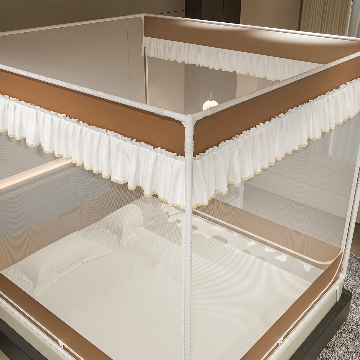 91家纺网 家纺一手货源 找家纺 千逸虹 2026新款外穿U型三开门坐床蚊帐 咖