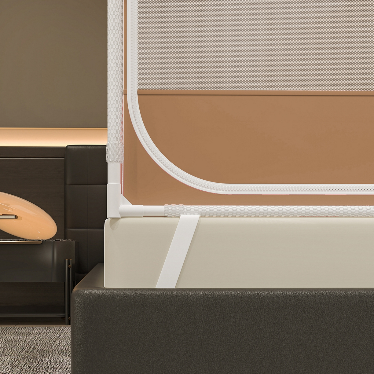 91家纺网 家纺一手货源 找家纺 千逸虹 2026新款外穿U型三开门坐床蚊帐 咖