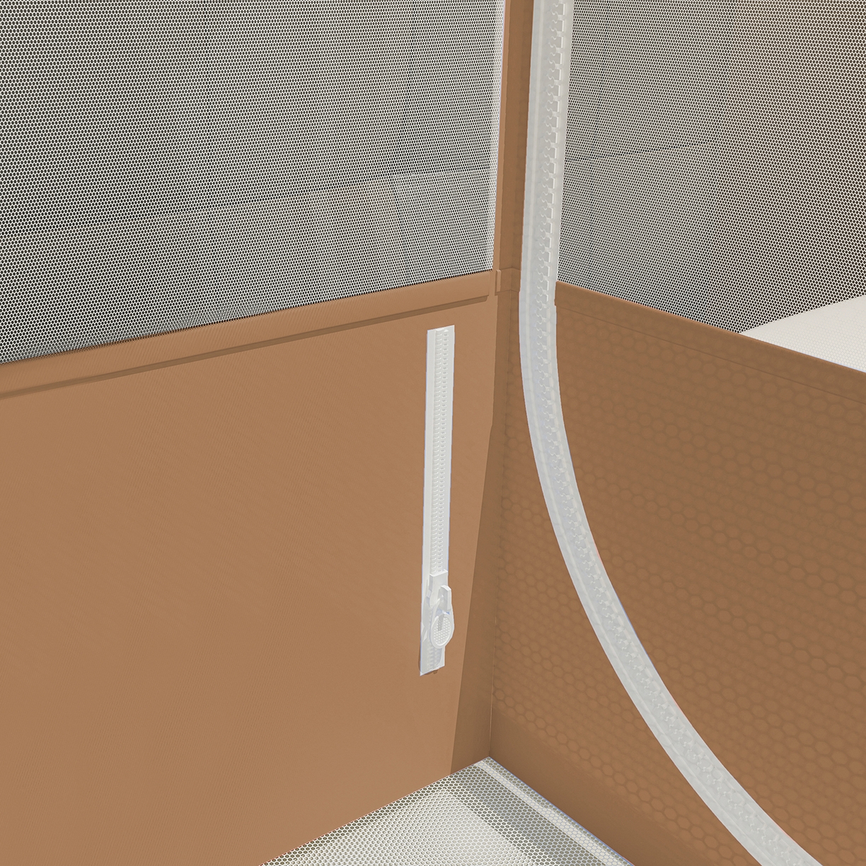 91家纺网 家纺一手货源 找家纺 千逸虹 2026新款外穿U型三开门坐床蚊帐 咖