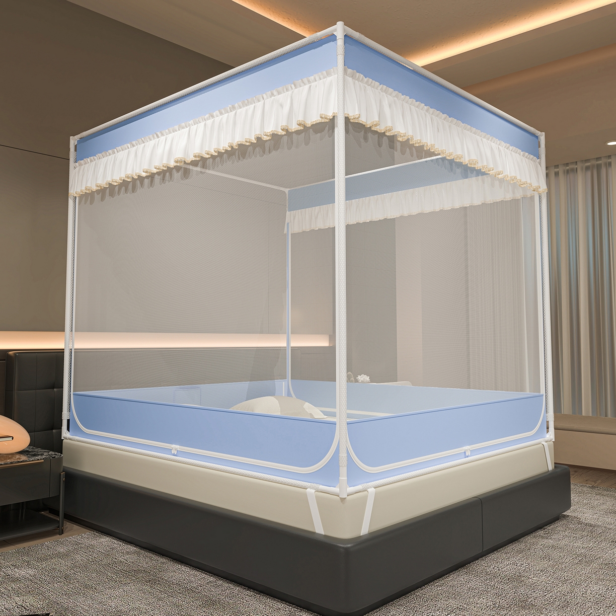 91家纺网 家纺一手货源 找家纺 千逸虹 2026新款外穿U型三开门坐床蚊帐 蓝