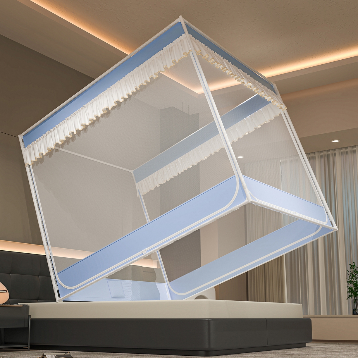 91家纺网 家纺一手货源 找家纺 千逸虹 2026新款外穿U型三开门坐床蚊帐 蓝