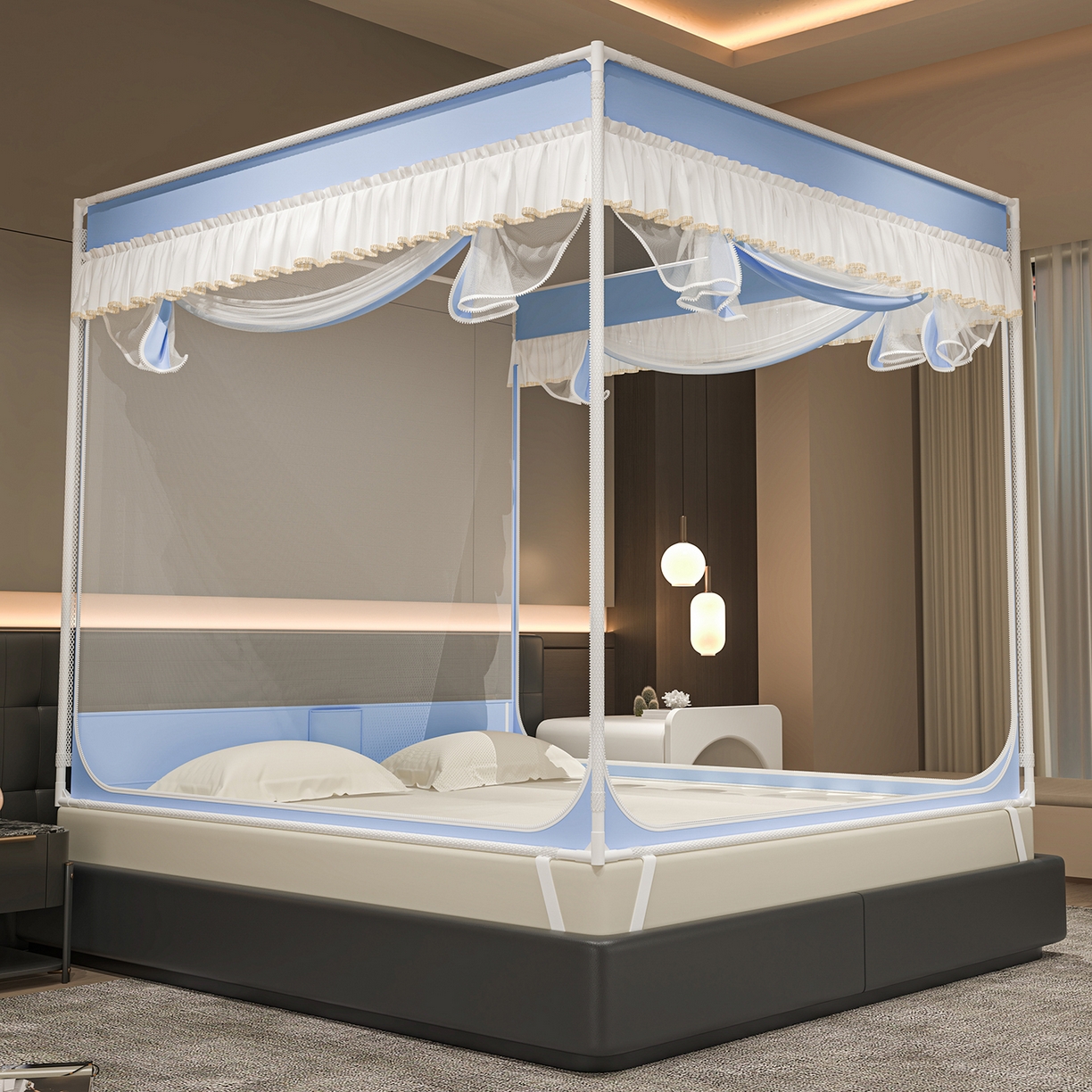 91家纺网 家纺一手货源 找家纺 千逸虹 2026新款外穿U型三开门坐床蚊帐 蓝