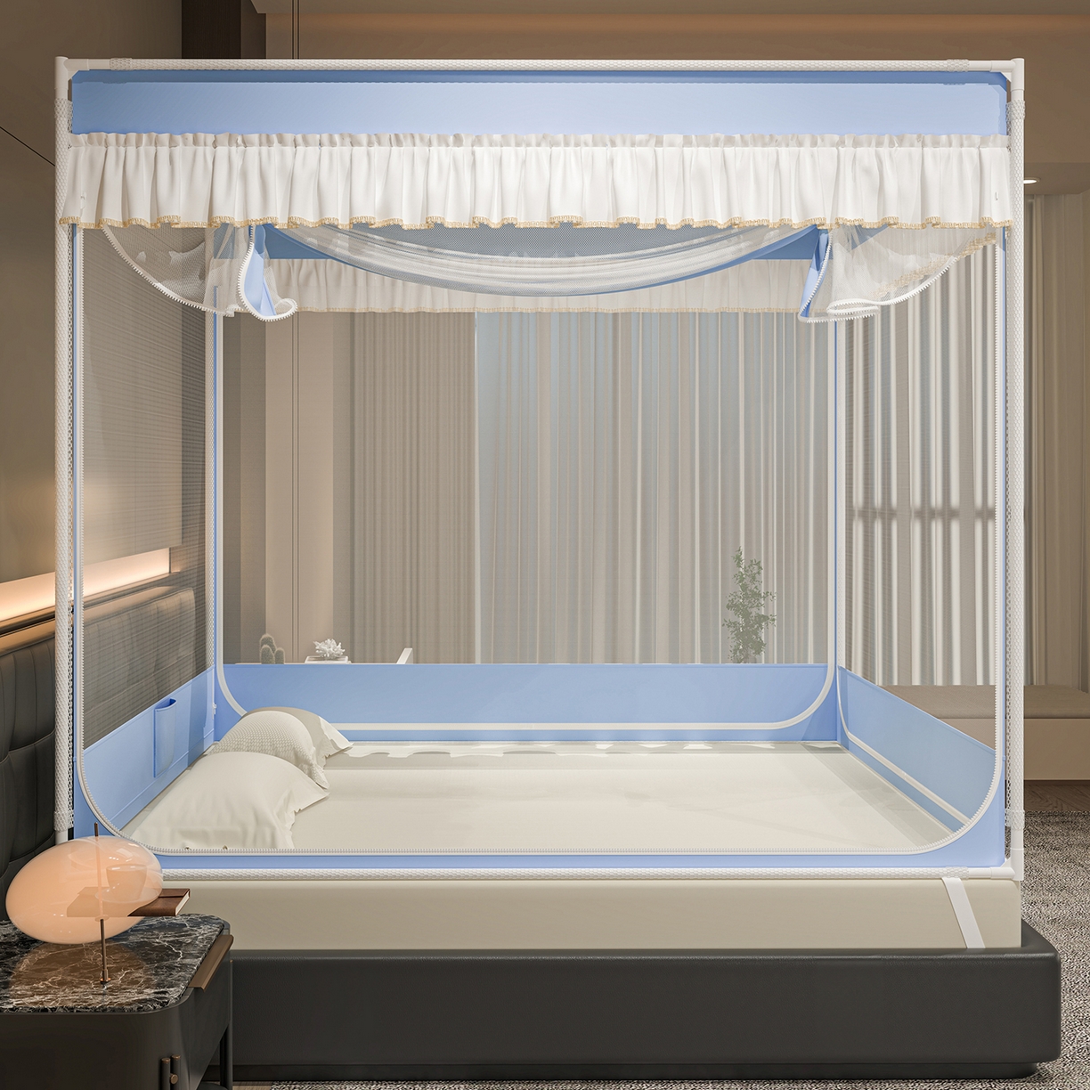 91家纺网 家纺一手货源 找家纺 千逸虹 2026新款外穿U型三开门坐床蚊帐 蓝