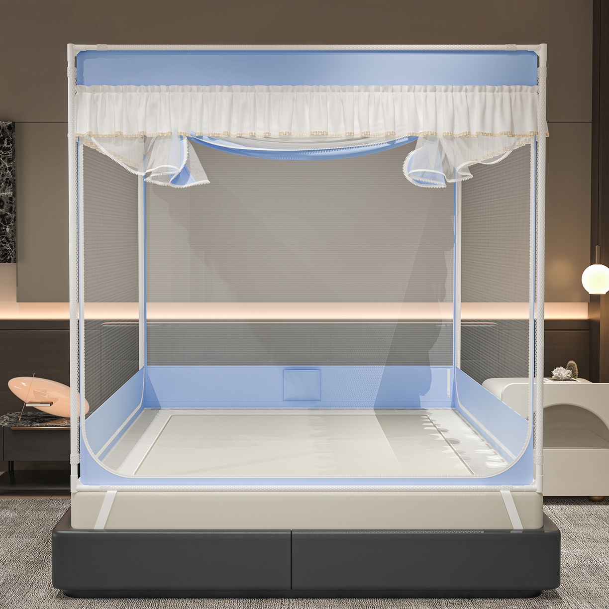 91家纺网 家纺一手货源 找家纺 千逸虹 2026新款外穿U型三开门坐床蚊帐 蓝