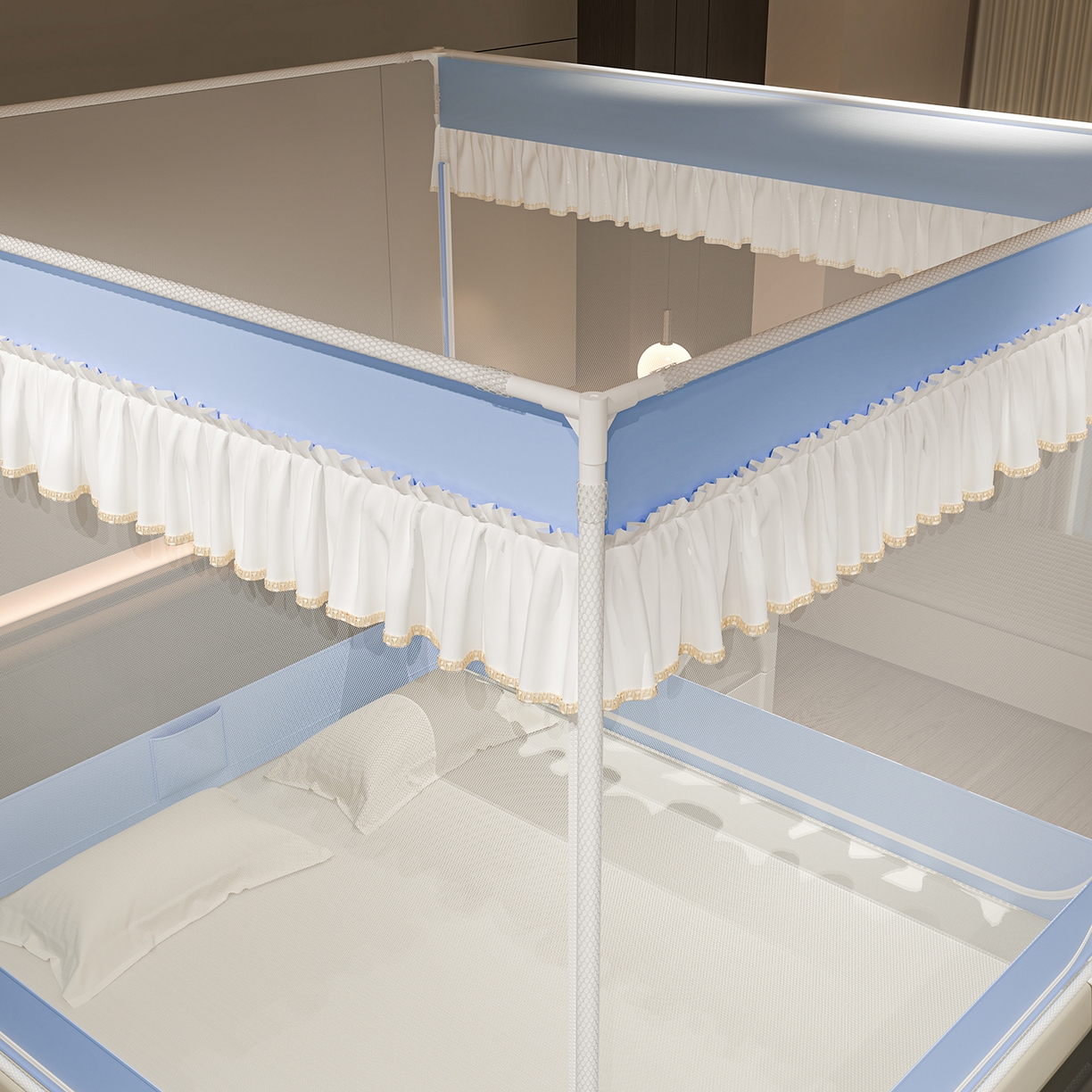 91家纺网 家纺一手货源 找家纺 千逸虹 2026新款外穿U型三开门坐床蚊帐 蓝