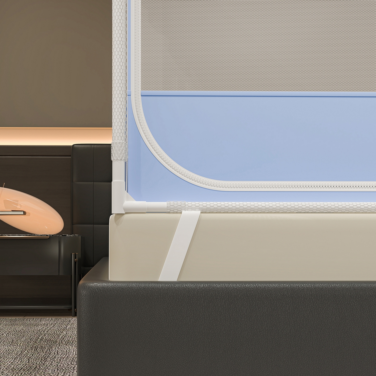 91家纺网 家纺一手货源 找家纺 千逸虹 2026新款外穿U型三开门坐床蚊帐 蓝