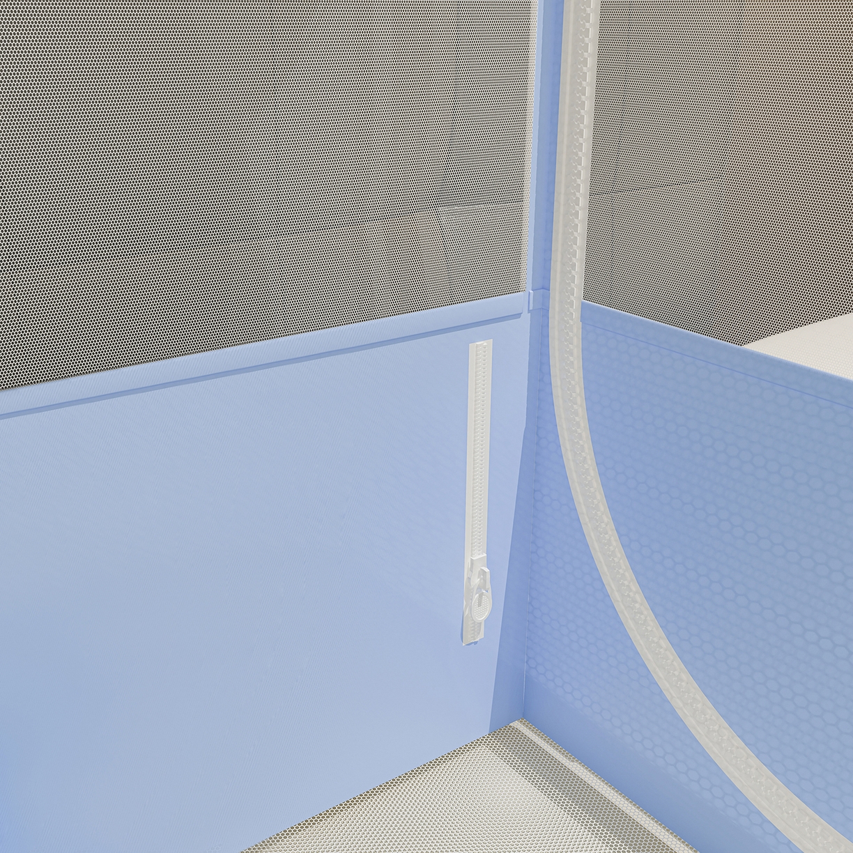 91家纺网 家纺一手货源 找家纺 千逸虹 2026新款外穿U型三开门坐床蚊帐 蓝