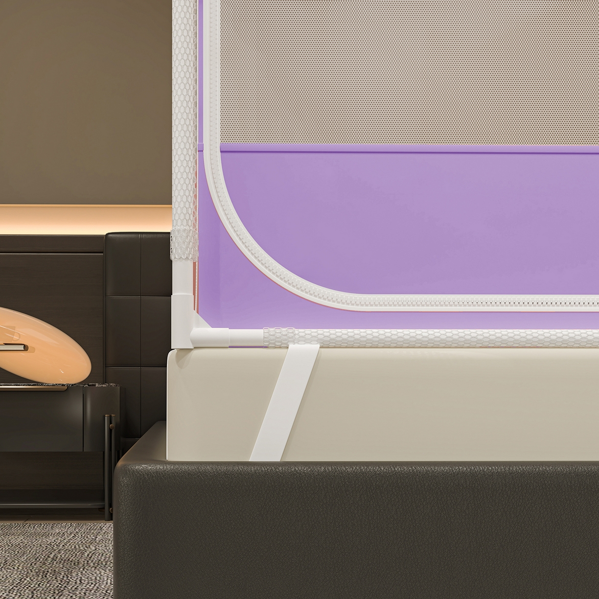 91家纺网 家纺一手货源 找家纺 千逸虹 2026新款外穿U型三开门坐床蚊帐 紫