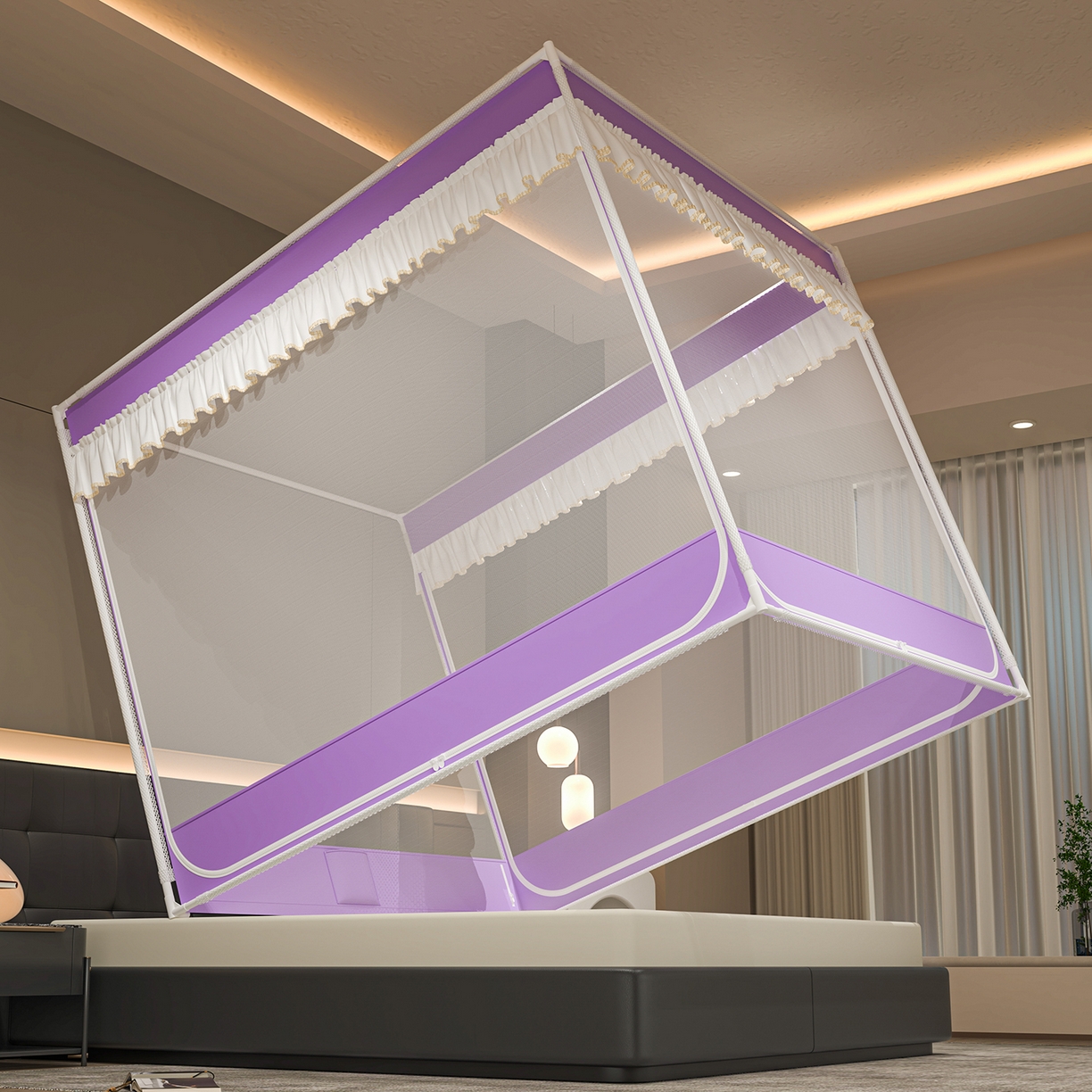 91家纺网 家纺一手货源 找家纺 千逸虹 2026新款外穿U型三开门坐床蚊帐 紫