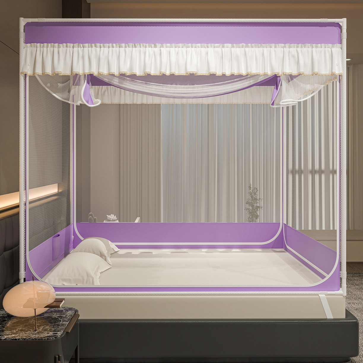 91家纺网 家纺一手货源 找家纺 千逸虹 2026新款外穿U型三开门坐床蚊帐 紫