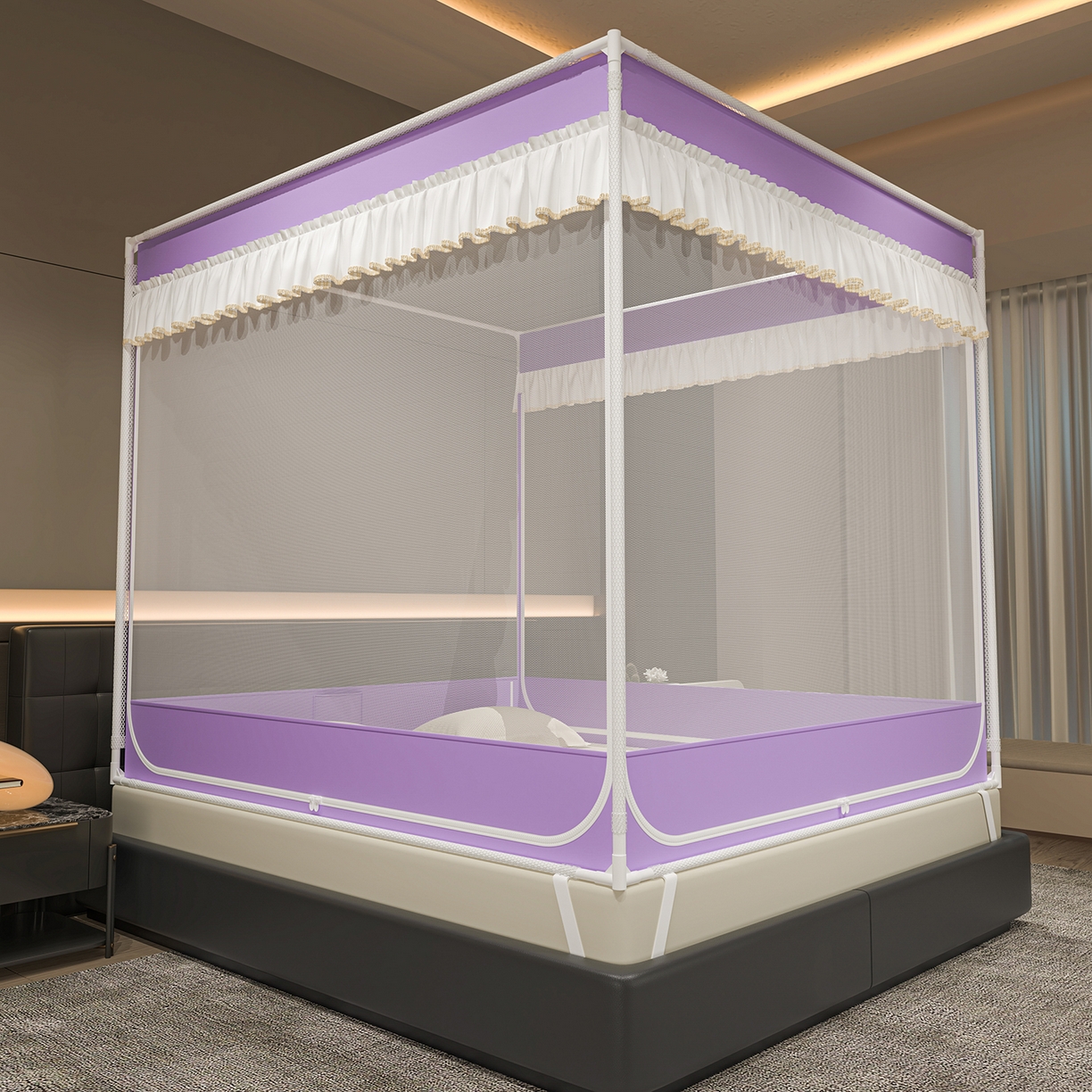 91家纺网 家纺一手货源 找家纺 千逸虹 2026新款外穿U型三开门坐床蚊帐 紫