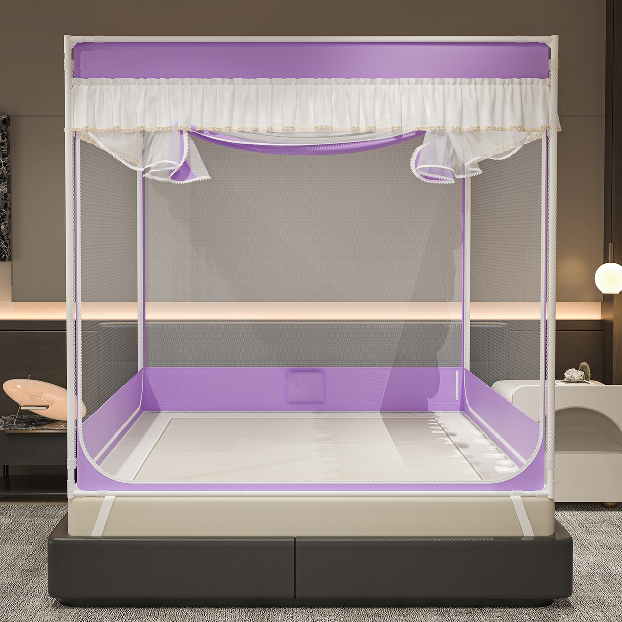 91家纺网 家纺一手货源 找家纺 千逸虹 2026新款外穿U型三开门坐床蚊帐 紫