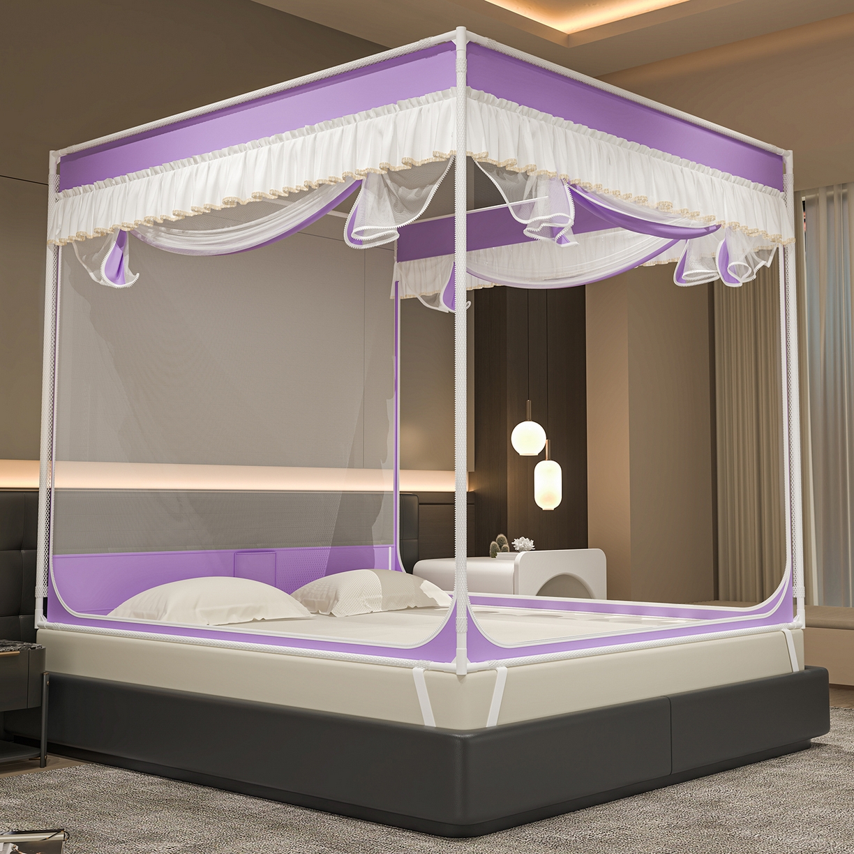 91家纺网 家纺一手货源 找家纺 千逸虹 2026新款外穿U型三开门坐床蚊帐 紫