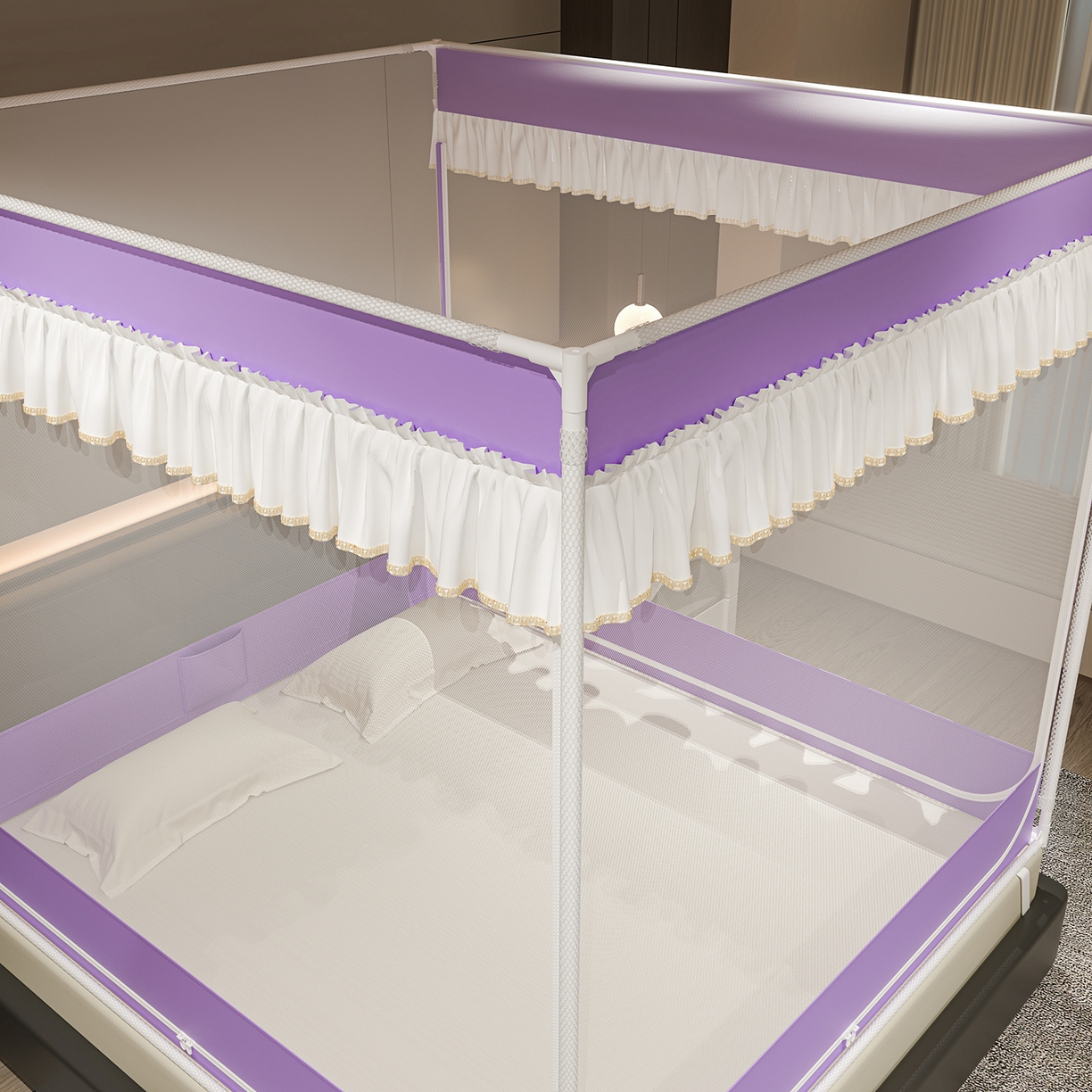 91家纺网 家纺一手货源 找家纺 千逸虹 2026新款外穿U型三开门坐床蚊帐 紫