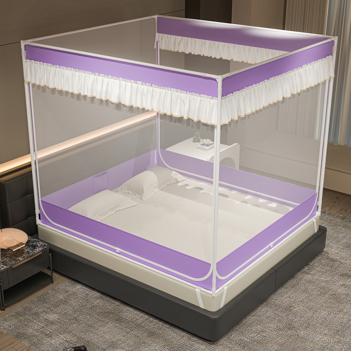 91家纺网 家纺一手货源 找家纺 千逸虹 2026新款外穿U型三开门坐床蚊帐 紫