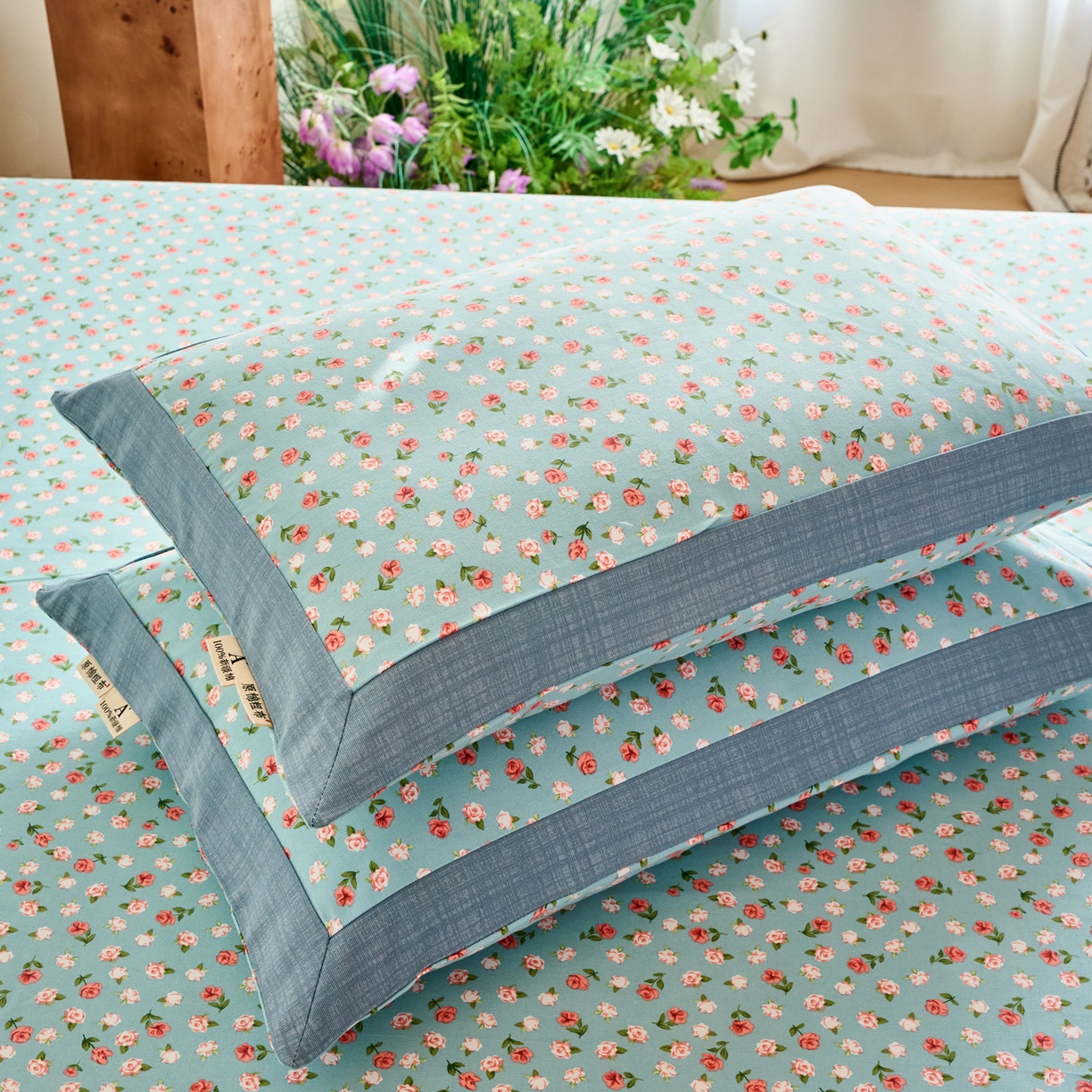 91家纺网 家纺一手货源 找家纺 春皖家纺 2026新款全棉老粗布工艺款单枕套枕套单件 春意浓