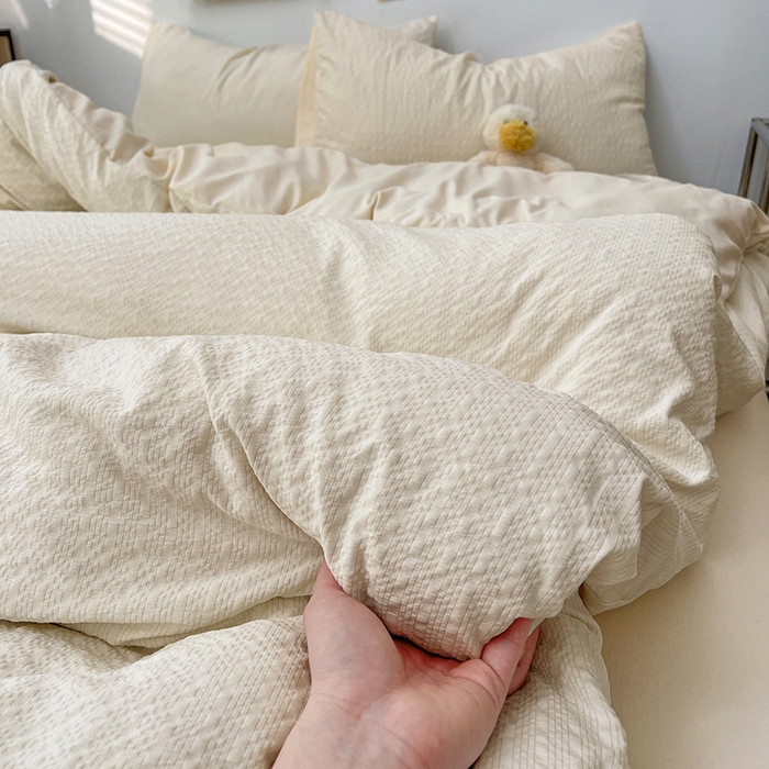 91家纺网 家纺一手货源 找家纺 贝拉梦家纺 2026新款高克重高品质A类超软糯泡芙纱纯色四件套 糯糯奶盖