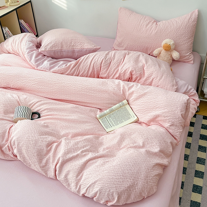 91家纺网 家纺一手货源 找家纺 贝拉梦家纺 2026新款高克重高品质A类超软糯泡芙纱纯色四件套 樱花气泡