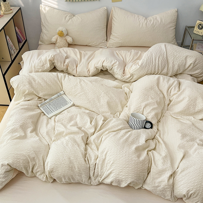 91家纺网 家纺一手货源 找家纺 贝拉梦家纺 2026新款高克重高品质A类超软糯泡芙纱纯色四件套 糯糯奶盖