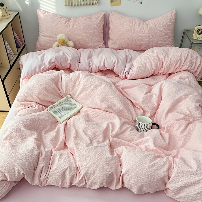 91家纺网 家纺一手货源 找家纺 贝拉梦家纺 2026新款高克重高品质A类超软糯泡芙纱纯色四件套 樱花气泡