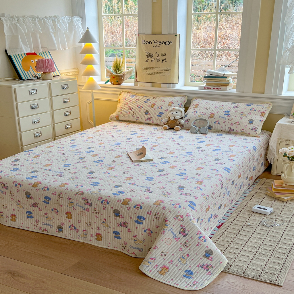 91家纺网 家纺一手货源 找家纺 优雅星家纺 2026新款A类小清新四季可用学生宿舍床单  单件夹棉炕盖床盖炕毯三件套（长期有货） 萌宠乐园