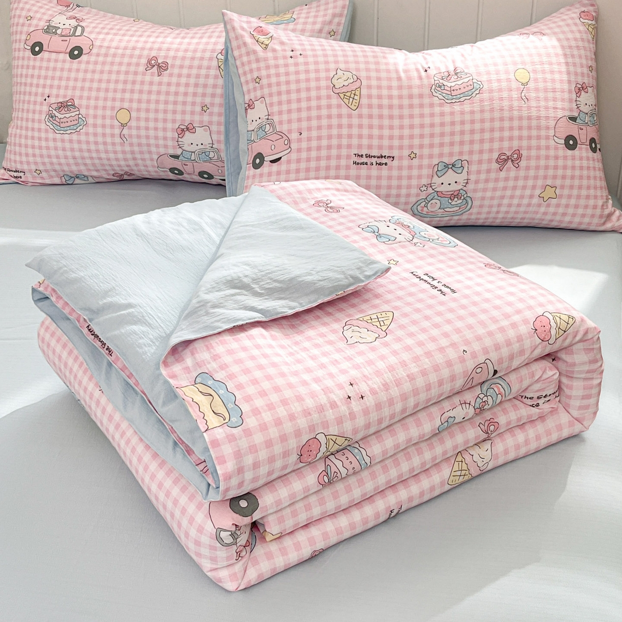 盛秋家纺 2026新款皱皱纱印花夏被-萝拉 格子铺粉+天空蓝