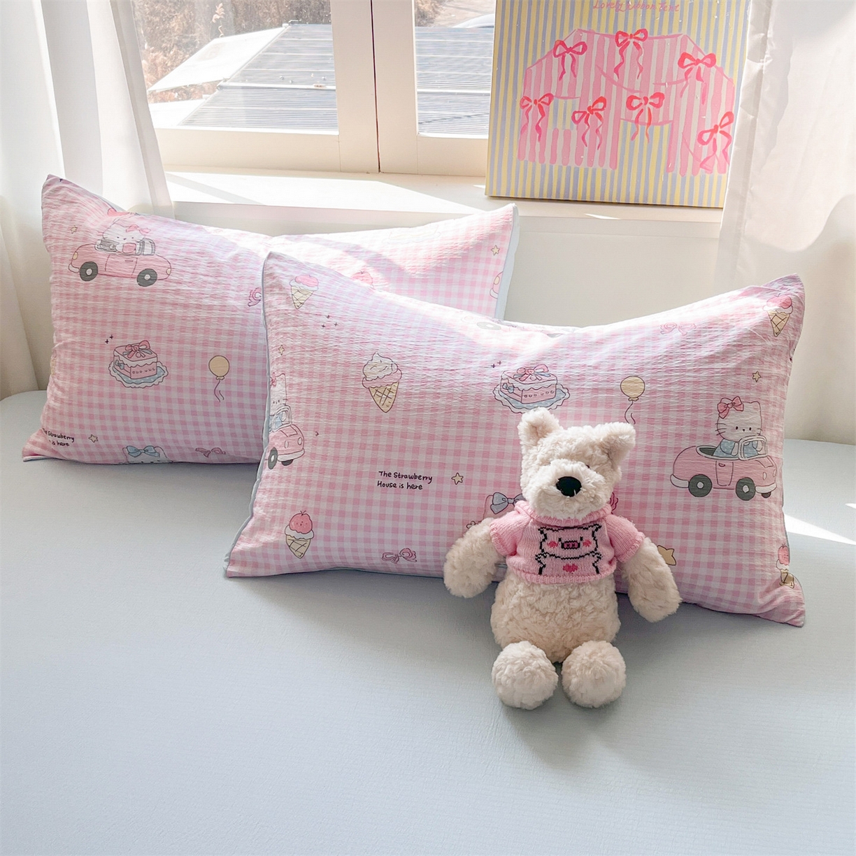 91家纺网 家纺一手货源 找家纺 盛秋家纺 2026新款皱皱纱印花夏被-萝拉 格子铺粉+天空蓝