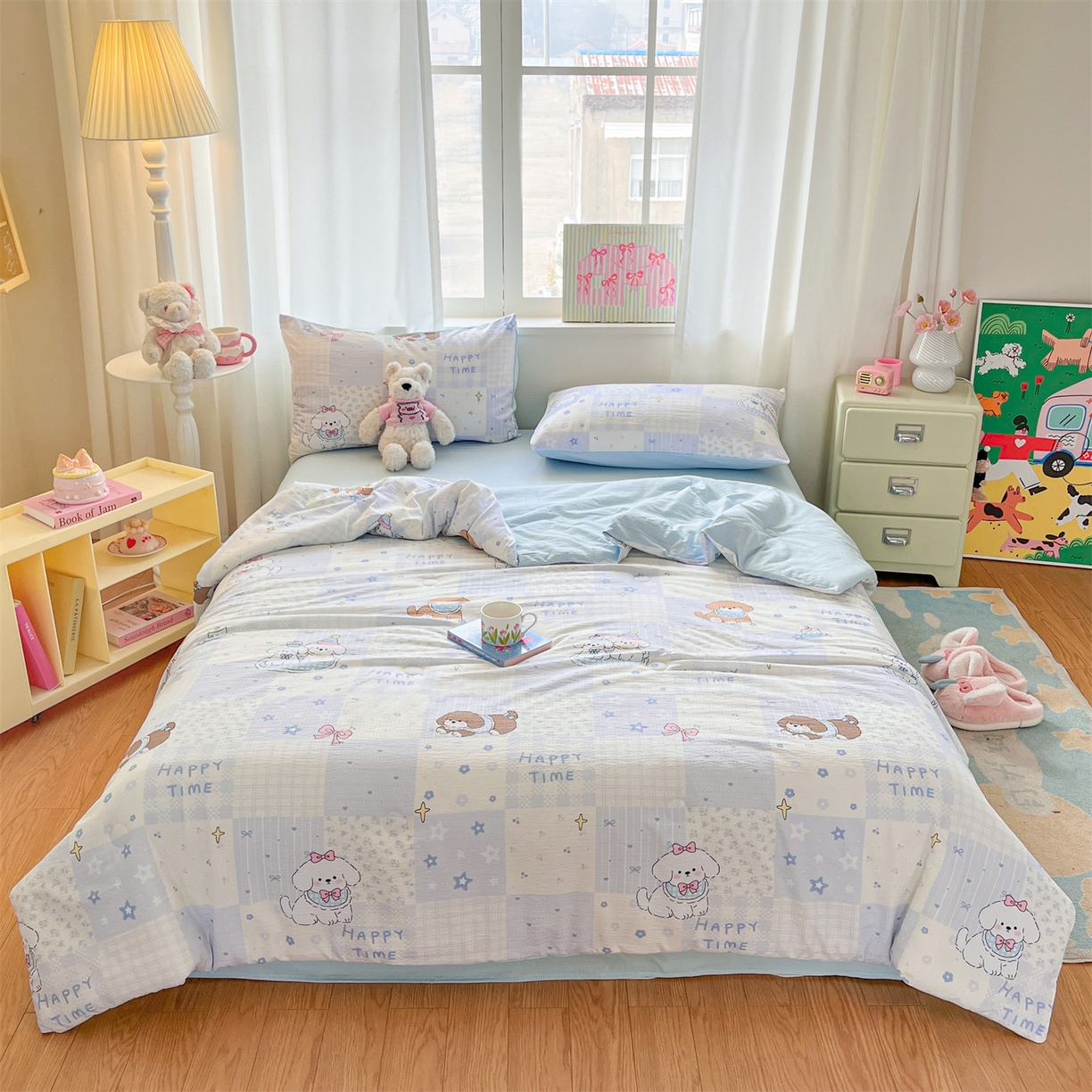 91家纺网 家纺一手货源 找家纺 盛秋家纺 2026新款皱皱纱印花夏被-萝拉 可可颂蓝+天空蓝