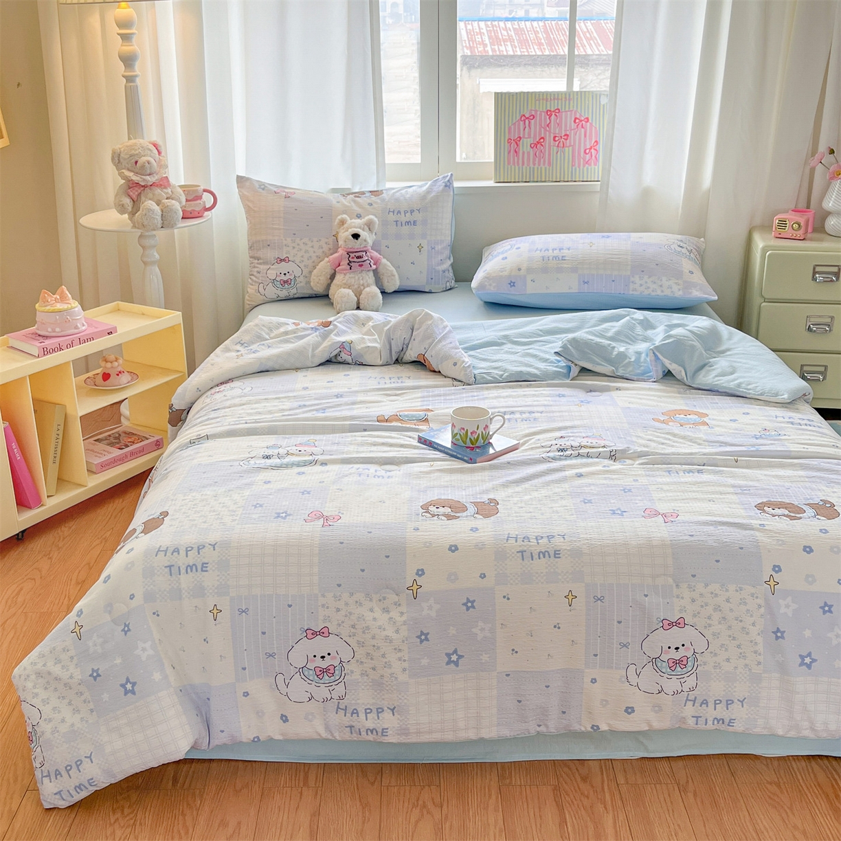 91家纺网 家纺一手货源 找家纺 盛秋家纺 2026新款皱皱纱印花夏被-萝拉 可可颂蓝+天空蓝