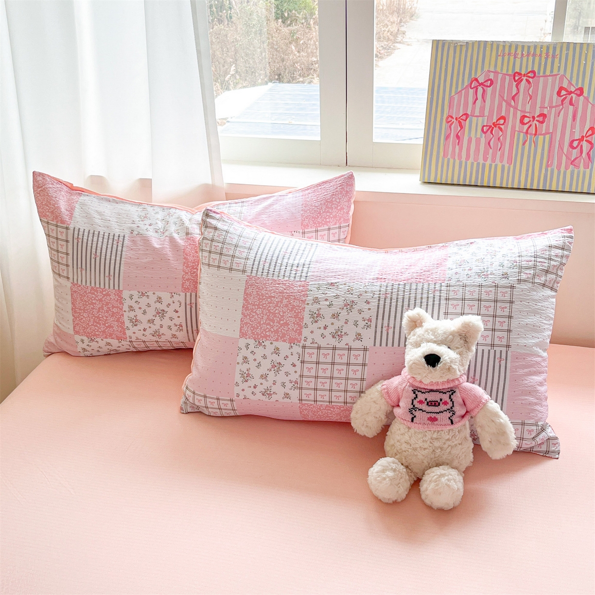 91家纺网 家纺一手货源 找家纺 盛秋家纺 2026新款皱皱纱印花夏被-萝拉 格子花园+奶油粉