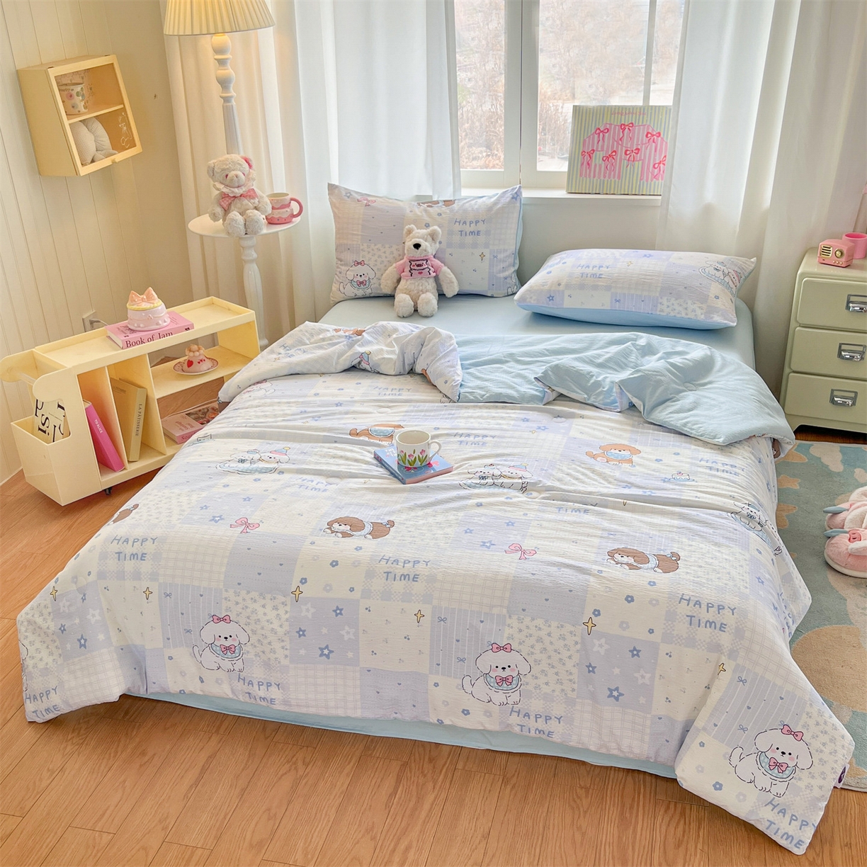 91家纺网 家纺一手货源 找家纺 盛秋家纺 2026新款皱皱纱印花夏被-萝拉 可可颂蓝+天空蓝