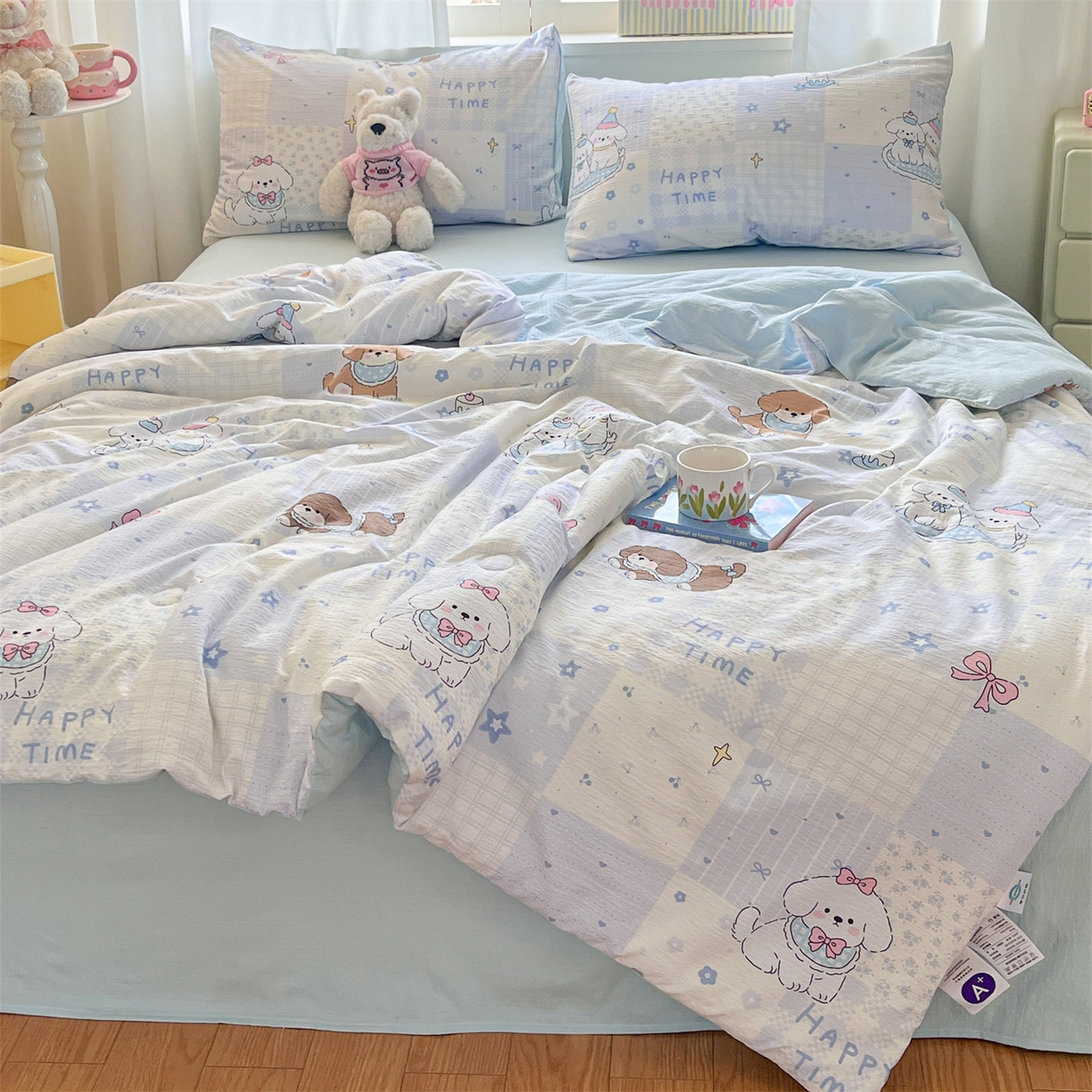 91家纺网 家纺一手货源 找家纺 盛秋家纺 2026新款皱皱纱印花夏被-萝拉 可可颂蓝+天空蓝