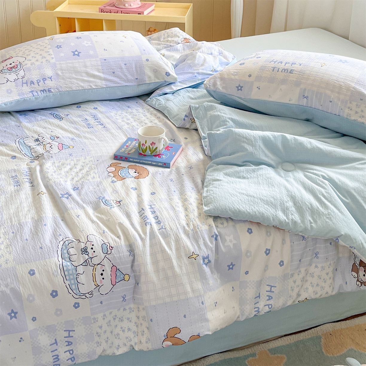 91家纺网 家纺一手货源 找家纺 盛秋家纺 2026新款皱皱纱印花夏被-萝拉 可可颂蓝+天空蓝