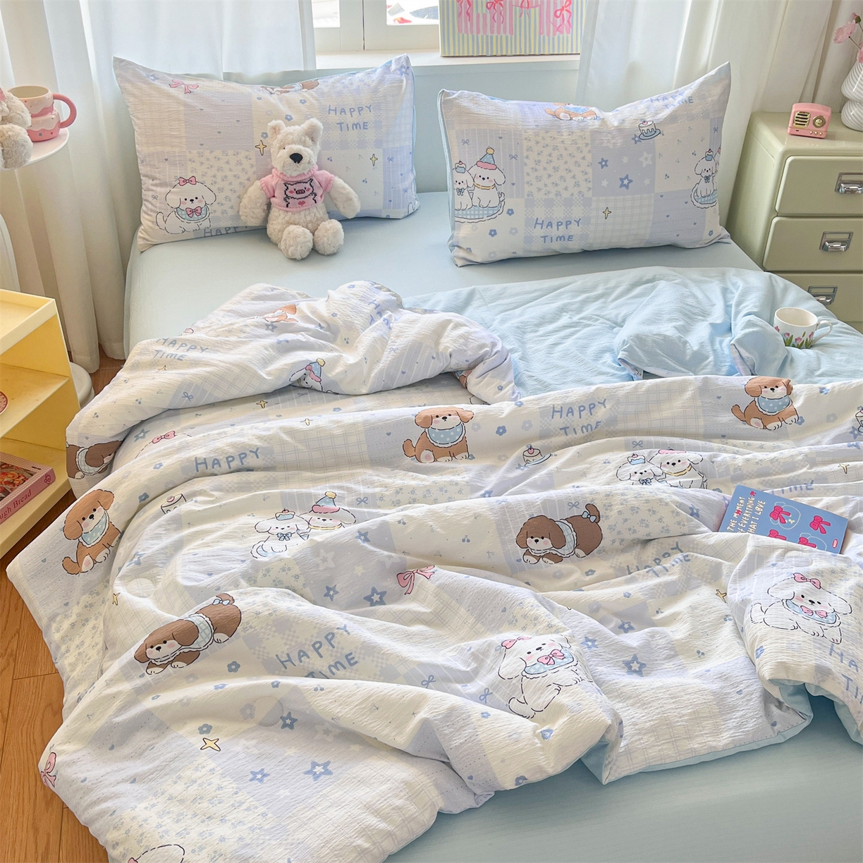 91家纺网 家纺一手货源 找家纺 盛秋家纺 2026新款皱皱纱印花夏被-萝拉 可可颂蓝+天空蓝