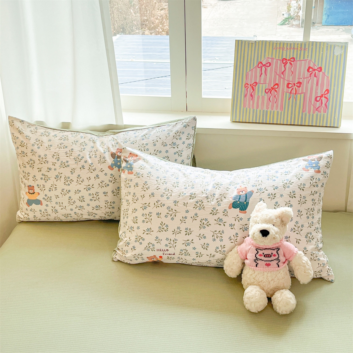 91家纺网 家纺一手货源 找家纺 盛秋家纺 2026新款皱皱纱印花夏被-萝拉 小熊小花+麦绿