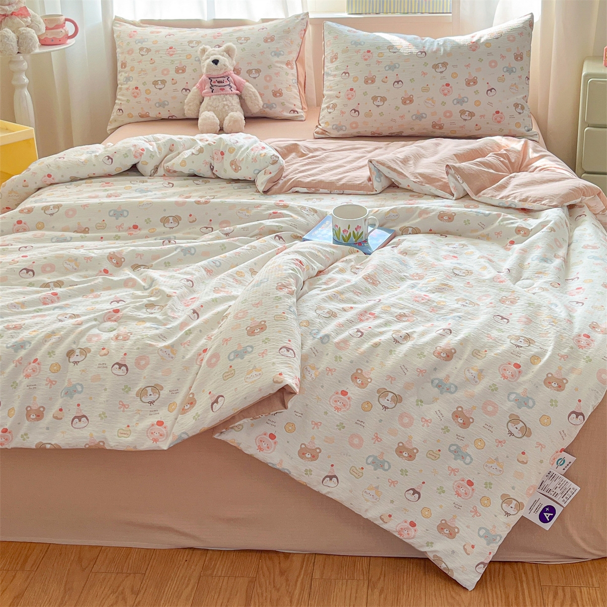 91家纺网 家纺一手货源 找家纺 盛秋家纺 2026新款皱皱纱印花夏被-萝拉 麻薯团+米驼