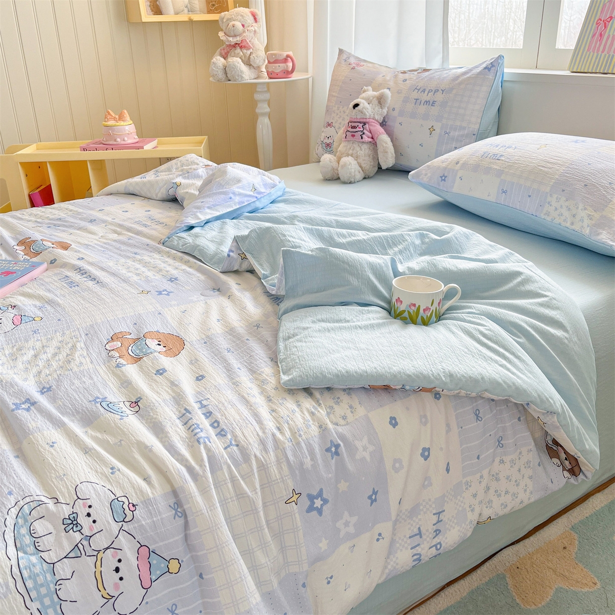 91家纺网 家纺一手货源 找家纺 盛秋家纺 2026新款皱皱纱印花夏被-萝拉 可可颂蓝+天空蓝