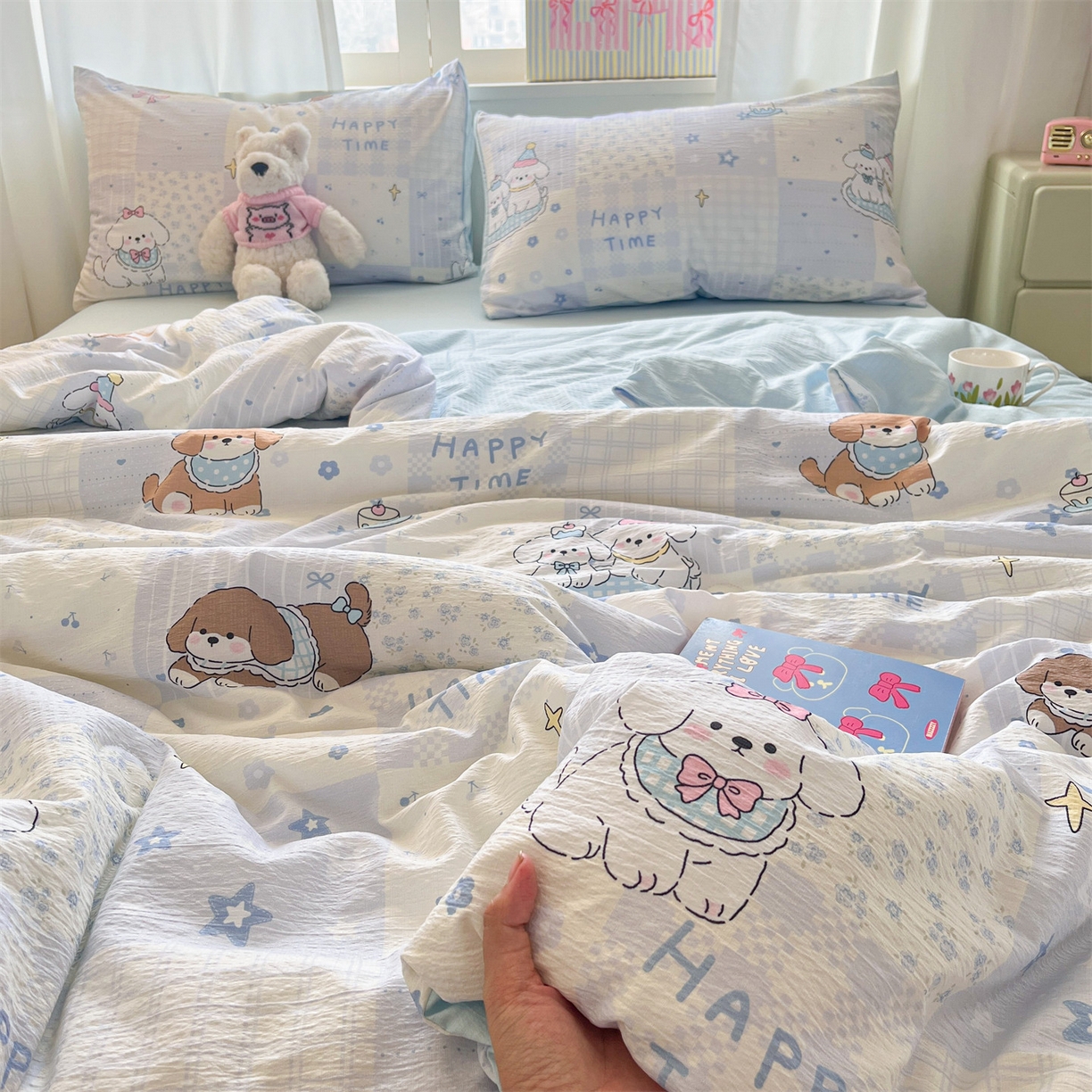 91家纺网 家纺一手货源 找家纺 盛秋家纺 2026新款皱皱纱印花夏被-萝拉 可可颂蓝+天空蓝