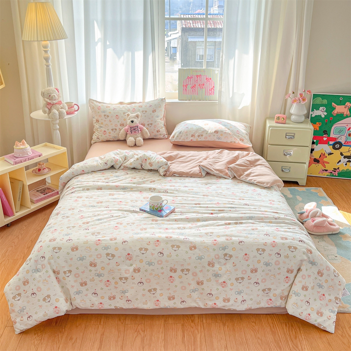 91家纺网 家纺一手货源 找家纺 盛秋家纺 2026新款皱皱纱印花夏被-萝拉 麻薯团+米驼