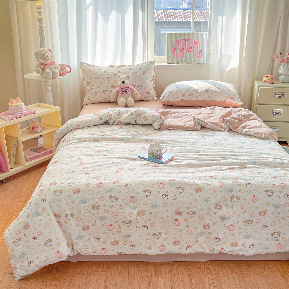 91家纺网 家纺一手货源 找家纺 盛秋家纺 2026新款皱皱纱印花夏被-萝拉 麻薯团+米驼